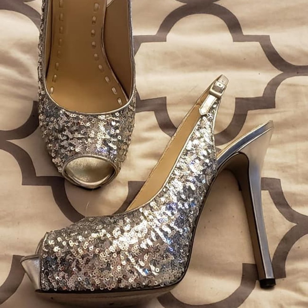 Enzo Angioloni Sequined Slingback Stiletto, Silver